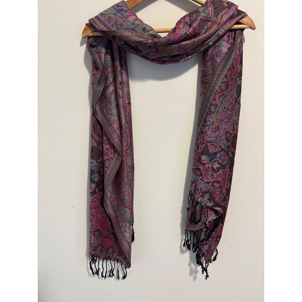 Pashmina 100% Pashmina Scarf Magenta Purple Paisley Floral Fringed Shawl Wrap - Picture 4 of 5